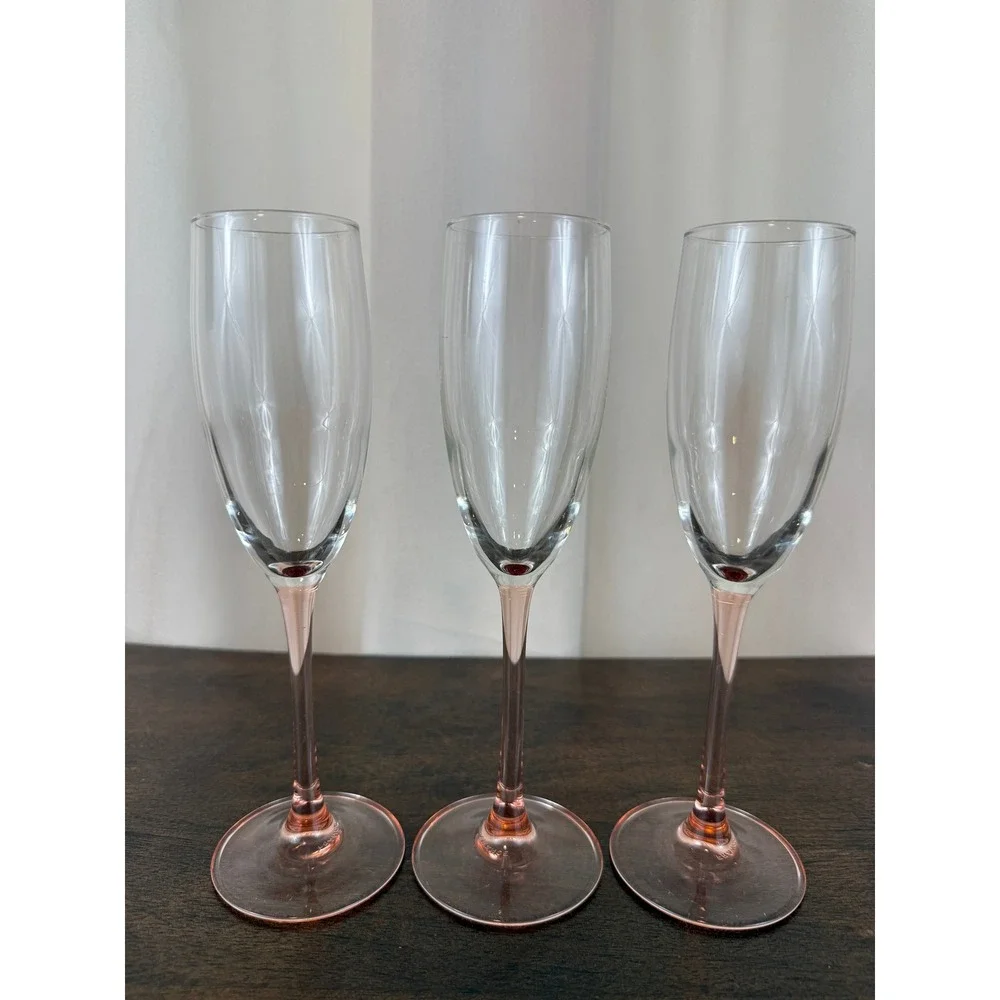 VTG 1980s Set of THREE Luminarc France Pink Stem Champagne‎ Flutes 9
